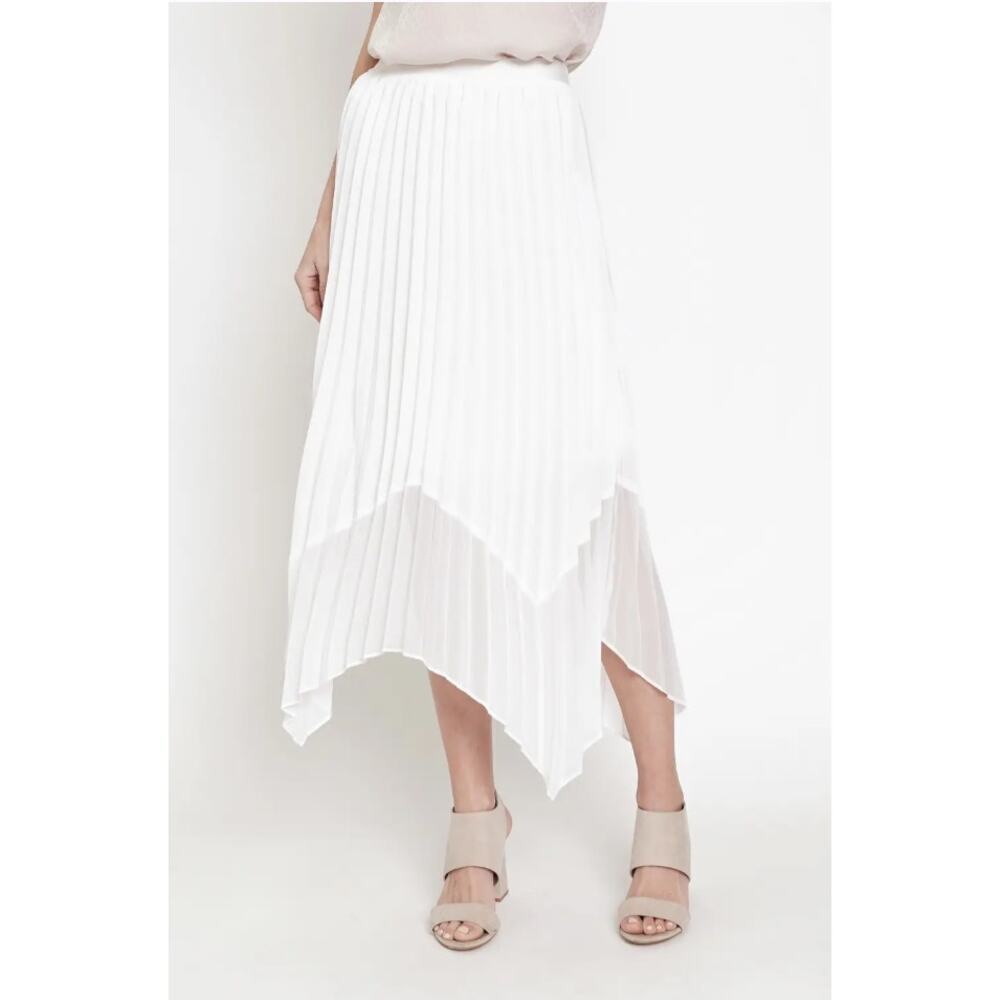 White Pleated Midi Skirt Asymmetrical Hem - Picture 7 of 8